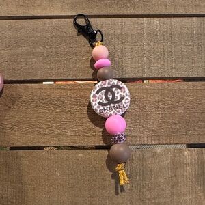 Source Unknown Pink and Brown Beaded Keychain
